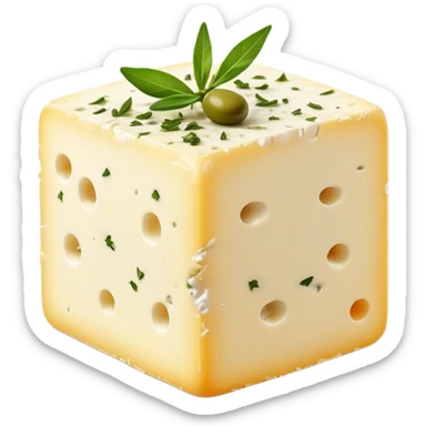Cinematic Realistic Feta Cheese Dish Emoji, depicted as a block of crumbly, tangy cheese garnished with olive oil and herbs rendered with lifelike detail and soft natural lighting. sticker