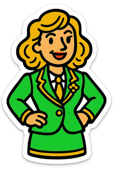 woman in suit, classic look, green gold and white color scheme, elegant lines, decorative details sticker