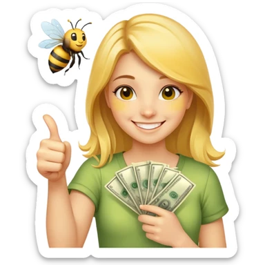 Girl ￼Bee with money shows thumbs up sticker