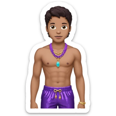 Prince Rogers Nelson with dark brown hair, purple sequin baggy pants, shirtless with necklace sticker