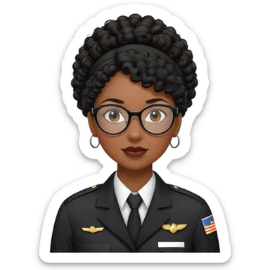 femme pilote d'avion en uniforme noir aux cheveux bouclés noir et petites lunettes arrondis identique avec des cheveux très long et la peau noir mais légèrement plus claire avec les cheveux attachés. 1 seule personne, cheveux moins épais  sticker