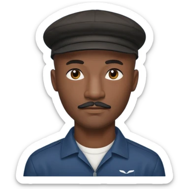 a tall dark hansome black man shaved head thin mustash with compton cap sticker