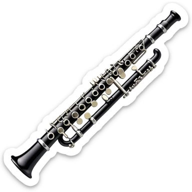 Cinematic Realistic Clarinet, deep black body with gleaming silver keys, rich warm lighting catching every intricate detail, slightly worn mouthpiece adding authenticity, glowing with a timeless and sophisticated presence. sticker