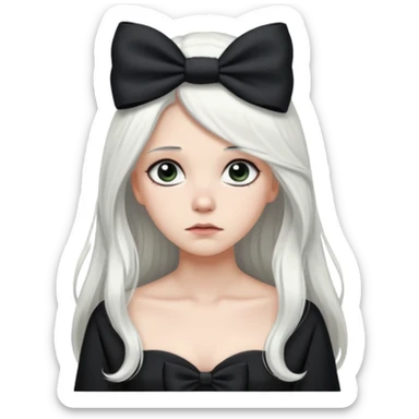 white long hair girl with black bow on her hair wearing black gown with a sad face sticker