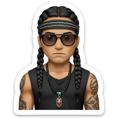 Native American/Spanish male. 
Untucked loose fitting black t-shirt. 
long black braided hair.
muscular.
Even More tattoos. 
Tough and menacing.
Dark black square sunglasses. sticker