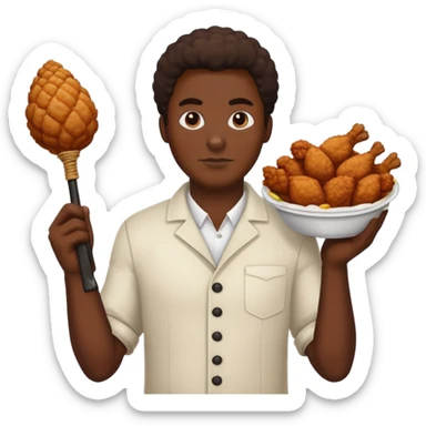 Black emoji in one hand whip and in the other hand he has fried chicken sticker