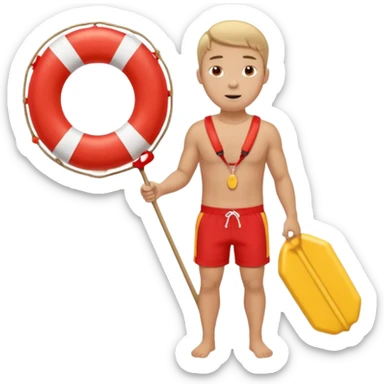 Male lifeguard – red shorts, whistle around neck, holding rescue float. sticker