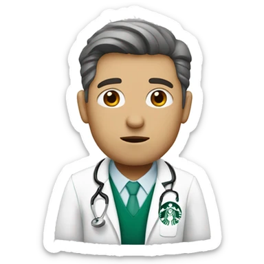 Tired white doctor with a starbucks coffee sticker