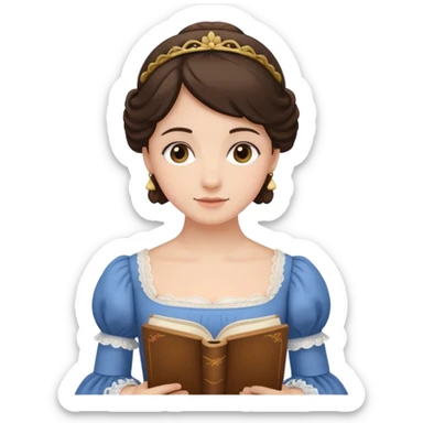 Jane Austen inspired brunette character reading a book wearing a Regency dress, emoji style sticker