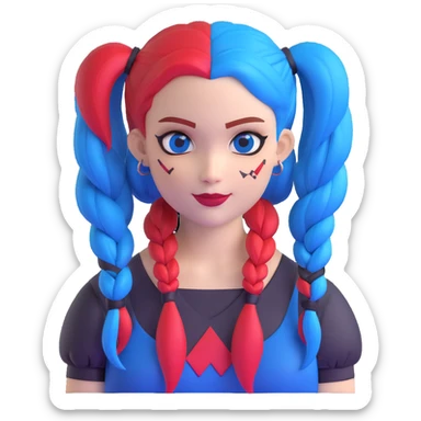 hair styled like Harley Quinn with blue and red pigtails sticker