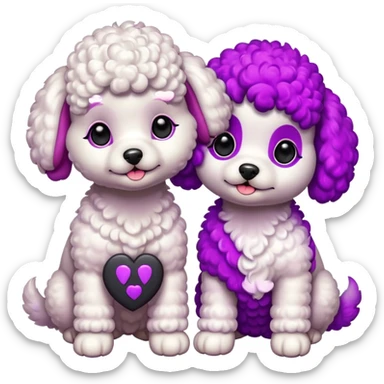 Two white toy poodle–style dogs, fluffy curly fur, round faces, black button eyes, pink and purple dyed ears and paws (magenta/violet tips). One standing upright, one sitting. Cute, plush, emoji style. sticker