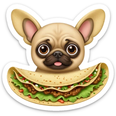 A pug dressed as Tinker Bell eating carnitas tacos with onion and cilantro. sticker
