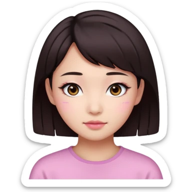 asian girl with short dark brown hair and dark brown eyes with a soft girl pink glowup aesthetic sticker