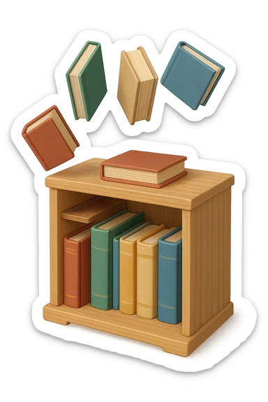 miniature bookshelf with floating books sticker