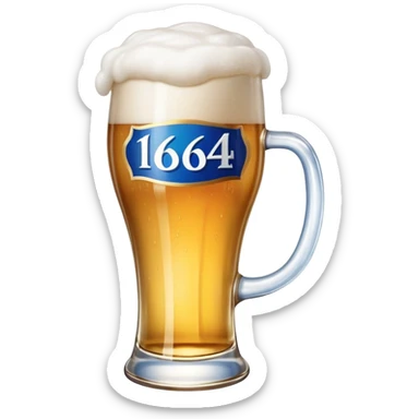 glass of 1664 Blanc beer with blue and white label, frothy head, golden color sticker
