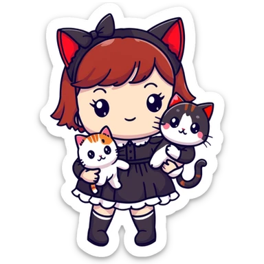 Girl with black and red-tipped hair in black Lolita dress with tabby cat sticker
