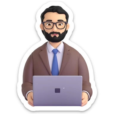 single professional man with medium black beard, neat black hair, connected unibrow, olive tan skin, brown eyes, glasses, prominent nose, wearing clean business casual attire, holding a laptop, centered portrait sticker