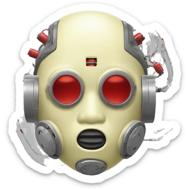 Pastel light yellow round male cyborg head with red respirator mask and circuits sticker