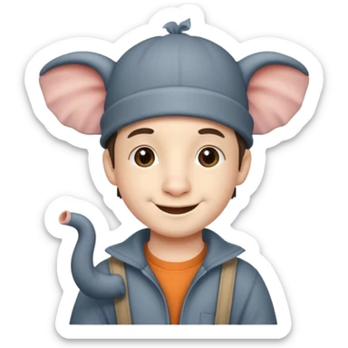 A boy that has a elephant hat that has a trunk sticker