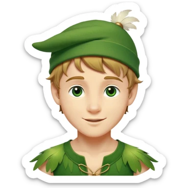 Cinematic Realistic Peter Pan Portrait, depicted with lifelike, youthful skin touched by a gentle sun-kissed glow. His bright, expressive eyes and confident smile evoke a timeless sense of wonder. Dressed in his iconic green tunic and feathered cap, every detail is rendered with soft, natural lighting that highlights his blend of innocence and courageous spirit. sticker