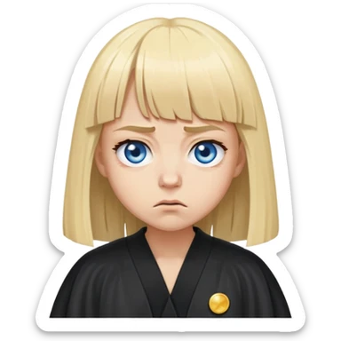 Very Angry with tiny eyes,blue eyes, blonde hair with bangs, circles under her eyes from being tired,wearing a black judges robe sticker