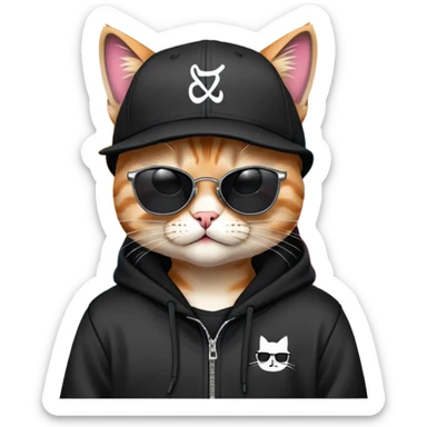 cat wearing a black snapback cap and black hoodie, with black sunglasses positioned low on his nose, winking one eye while looking directly at the viewer over the top of his sunglasses with a mischievous expression, doing graffiti with spray paint sticker