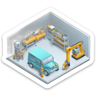 isometric square transparent solid outline border containing indoor creative workshop handmade factory people actively working cnc machine tools vacuum simple clean industrial sticker