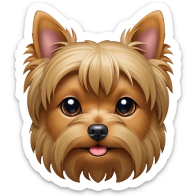 Cinematic Cute Yawning Yorkshire Terrier Portrait Emoji, Head tilted with a playful, drowsy expression and droopy, adorable eyes, featuring a soft, well-groomed fur in rich hues, simplified yet irresistibly endearing, highly detailed, glowing with a warm, cozy radiance, high shine, exuding a relaxed yet spunky charm, styled with a gentle, soft glowing outline, capturing the essence of a Yorkshire Terrier mid-yawn that seems as if it could cuddle right off the screen! sticker