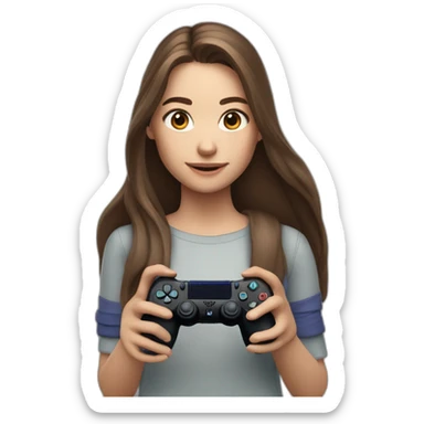 Caucasian Girl with long Brown hair holding a playstation 4 controller as she was playing looking at a screen sticker
