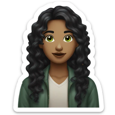 long curly black hair,eyes with a hint of green, eyes positive  canthal tilt ,medium thick shaped eyebrows , and medium thin lips, round face shape, soft jawline, full body, teen, sensual, american sticker