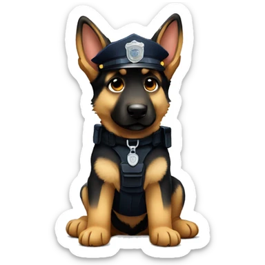 Sad German shepherd puppy sitting with police officer sticker