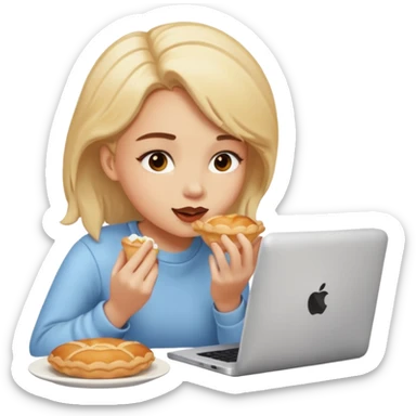 a girl looking in her computer a pastrie with good food  sticker