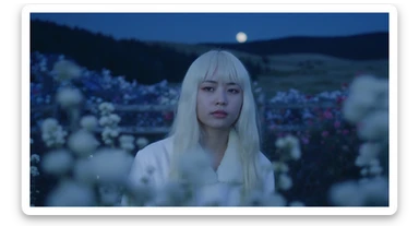 A portrait of a white person in the foreground, blurred plants in the foreground, a wooden fence and colorfull flowers in the midground, rolling hills in the background, cinematic depth of field, layered composition, moon back light (Blue night) sticker