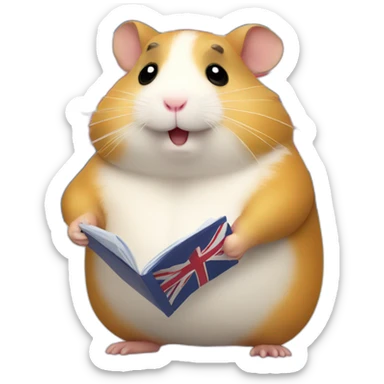 Fat hamster is waiting with documents and uk flag in hand sticker