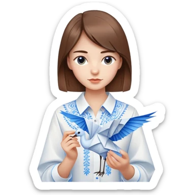 A Ukrainian young girl with brown hair wearing a white embroidered shirt holds an origami blue crane sticker