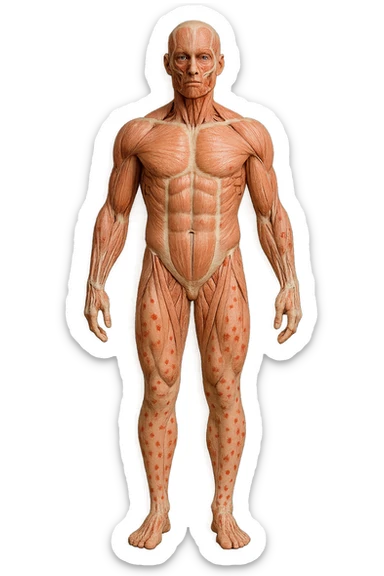 corpo umano anatomico a figura intera con red spot sparsi sulle gambe, iperrealistica in 3d sticker