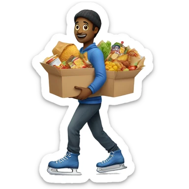 Man holding loads of food wearing skates sticker