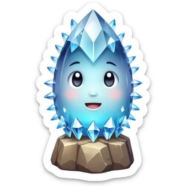 A single cute crystal rock character inspired by a clear quartz cluster, chunky round base with many tall transparent crystal spikes growing upward all around it  sticker