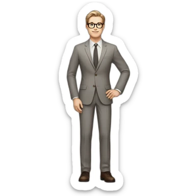 Full height Pale skinned Fit Man With dark brown hair in classic gray suit, beige office shirt, dark gray tie, and vintage glasses. His right hand stretched out sticker
