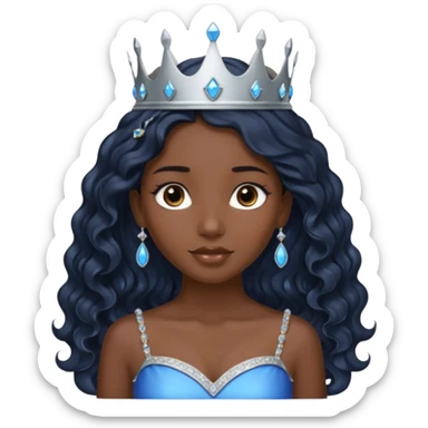 Por favor hazme el emoji de la princesa pero morena con el pelo negro y ondulado y largo, los ojos marrones y la corona plateada con jollas azules sticker