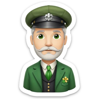 Tall grey haired man with goatee wearing a green peaky hat and kilt st. Patrick’s Day sticker