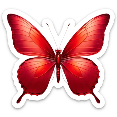 Cinematic Realistic Noble Red Butterfly Portrait Emoji, Poised and elegant, with delicate, translucent wings rendered in rich ruby and scarlet hues, a slender, graceful body with intricately detailed textures, and soft, reflective eyes, illuminated by natural light, high shine, intelligent and regal, styled with an air of refined natural splendor, focused and attentive, soft glowing outline, capturing the essence of a watchful and confident red butterfly that appears to emerge majestically from the screen! sticker