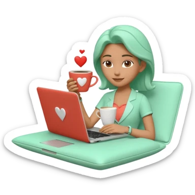 3D clay character relaxed with laptop and coffee, floating icons (envelope, heart, dollar), mint green (#34D399) outfit, coral (#FF7F6B) floating icons, white laptop, Pixar style, transparent background sticker