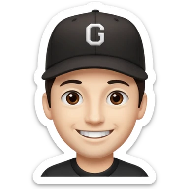 male, dark brown hair, dark brown eyes, fair skin, black baseball hat, no teeth sticker