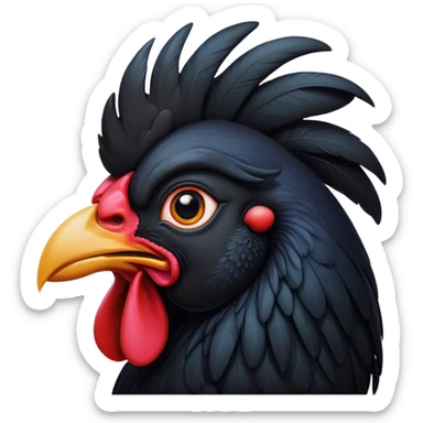 Cinematic Noble Black Rooster Portrait Emoji, Poised and regal, with a robust, commanding build and a sleek, well-groomed pure black plumage, deep-set soulful piercing eyes, Simplified yet sharp and sophisticated features, highly detailed, glowing with a soft, dignified glow, high shine, intelligent and proud, stylized with an air of mysterious majesty, focused and attentive, soft glowing outline, capturing the essence of a watchful and confident leader, so majestic it feels as though it could crow out of the screen with effortless authority! sticker