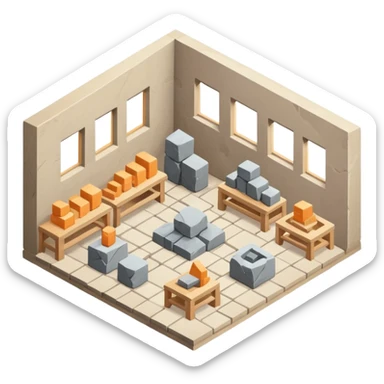 modern stonemason workshop isometric view with warehouse sticker
