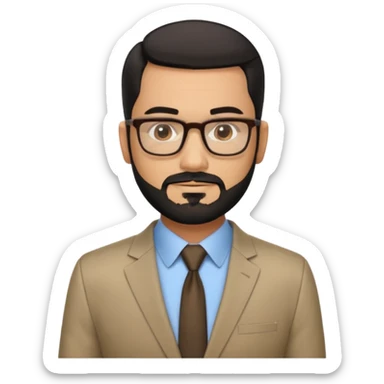 Attractive Hispanic TV host in his mid to late 40s with light brown skin, short straight black hair slicked back with fade on sides, square handsome face with strong jawline, friendly approachable expression, black beard, wearing glasses sticker