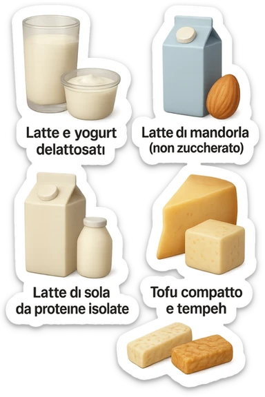 emoji stile iphone 3d di questi elementi che fluttuano in aria:

Latte e yogurt delattosati
Latte di mandorla (non zuccherato)
Latte di soia da proteine isolate
Formaggi stagionati (es. parmigiano)
Tofu compatto e tempeh
 che fluttuano in aria,  le etichette scrivile in italiano, iperealistico 4k sticker