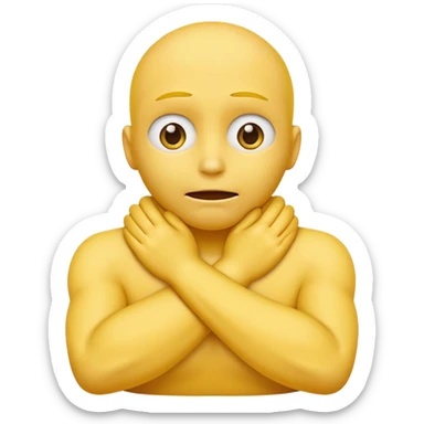 Yellow face emoji strangling itself with 2 arms crossed and hands saround neck and eyes looking up  sticker