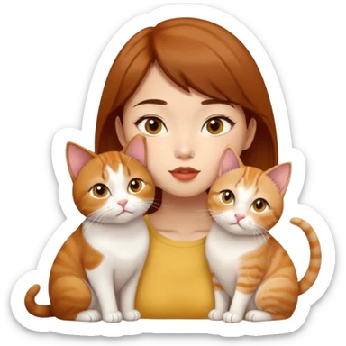 Asian girl, brown hair, brown eyes skin tone almond kissing three cats one ginger, one yellow white one British short hair cream colour sticker